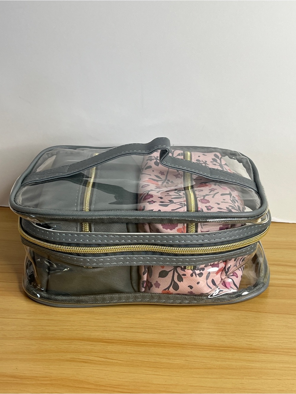 Clear Gray Travel Organizer Bag with Pink Floral Pouches